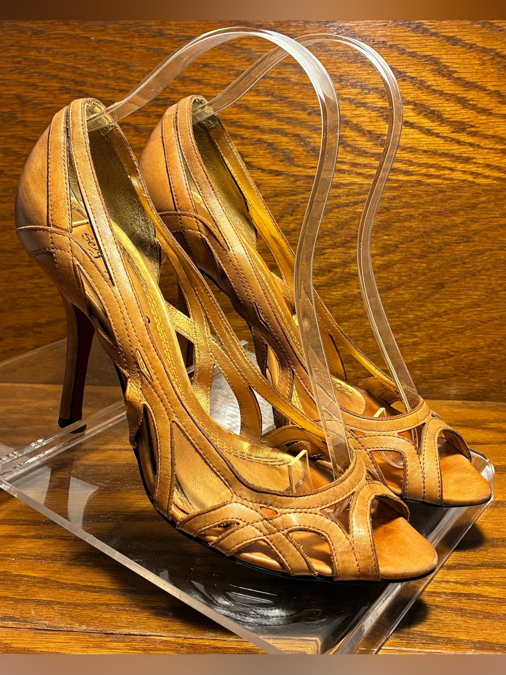 Y2K VTG Sergio Zelcer Handmade Cutout Peep Toe Heels Tan Leather Size 7